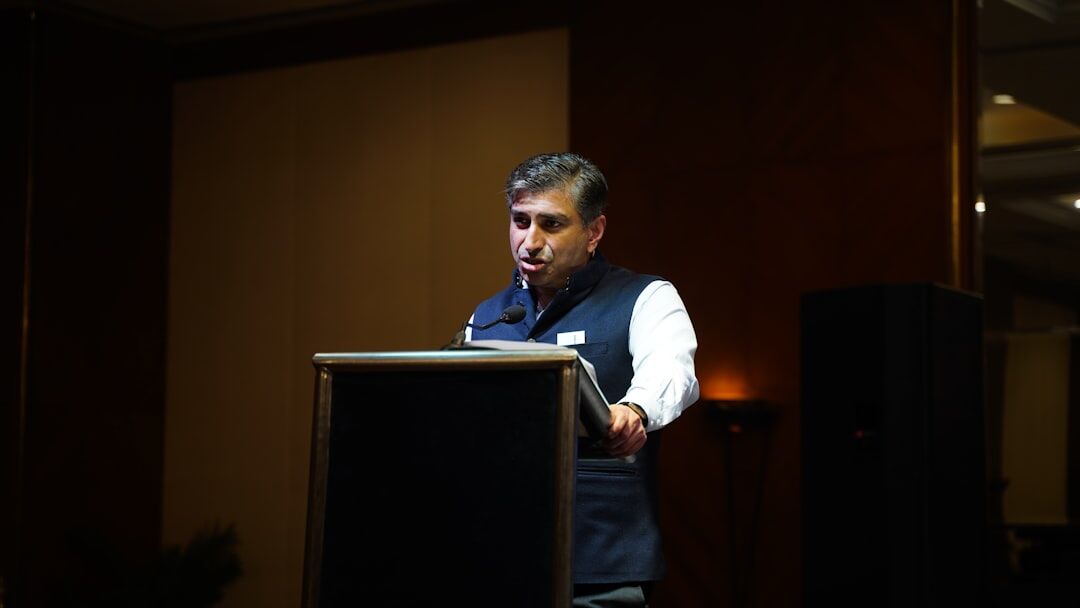 confident speaker presenting to audience