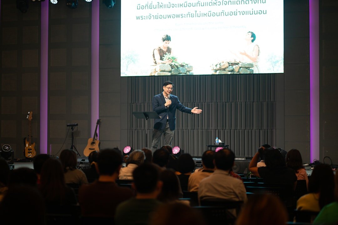 confident speaker on stage